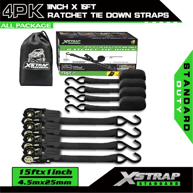 XSTRAP STANDARD أحزمة ربط XSTRAP STANDARD - 4 حزمة - 1'' x 15 قدم - سعة تحميل 630 رطل، قوة كسر 1890 رطل، أحزمة شحن لنقل البضائع، الأجهزة، معدات الحديقة، الدراجات النارية (أسود) - Image 2